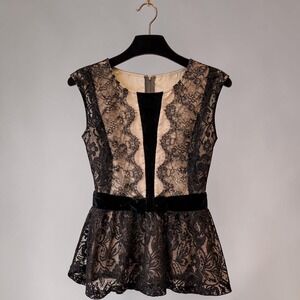 Coquette‎ Whimsygoth Peplum Blouse Velvet Waist Fairycore Top S  Romantic Lace
